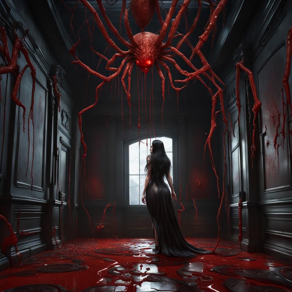 Elegant Woman in Spider Room: Dark Fantasy Art