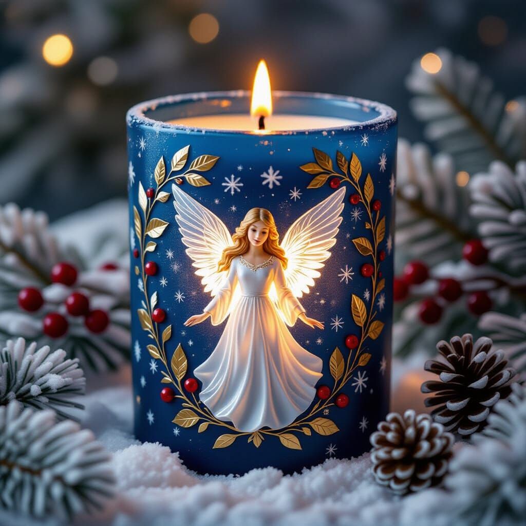 Holiday Candle with Angel Figurine on Snowy Night