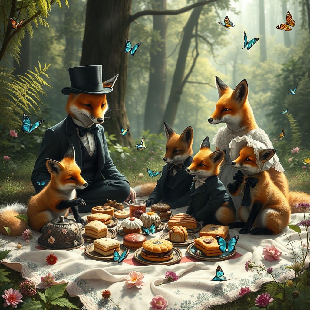 Victorian Fox Family Picnic in Enchanted Forest