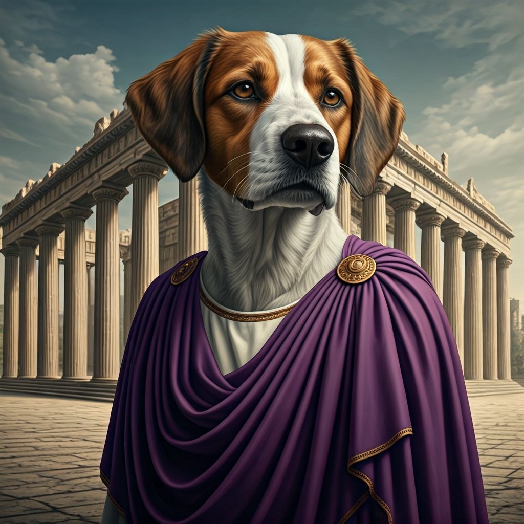 An anthropomorphic Roman hunting dog dressed in a purple tog...