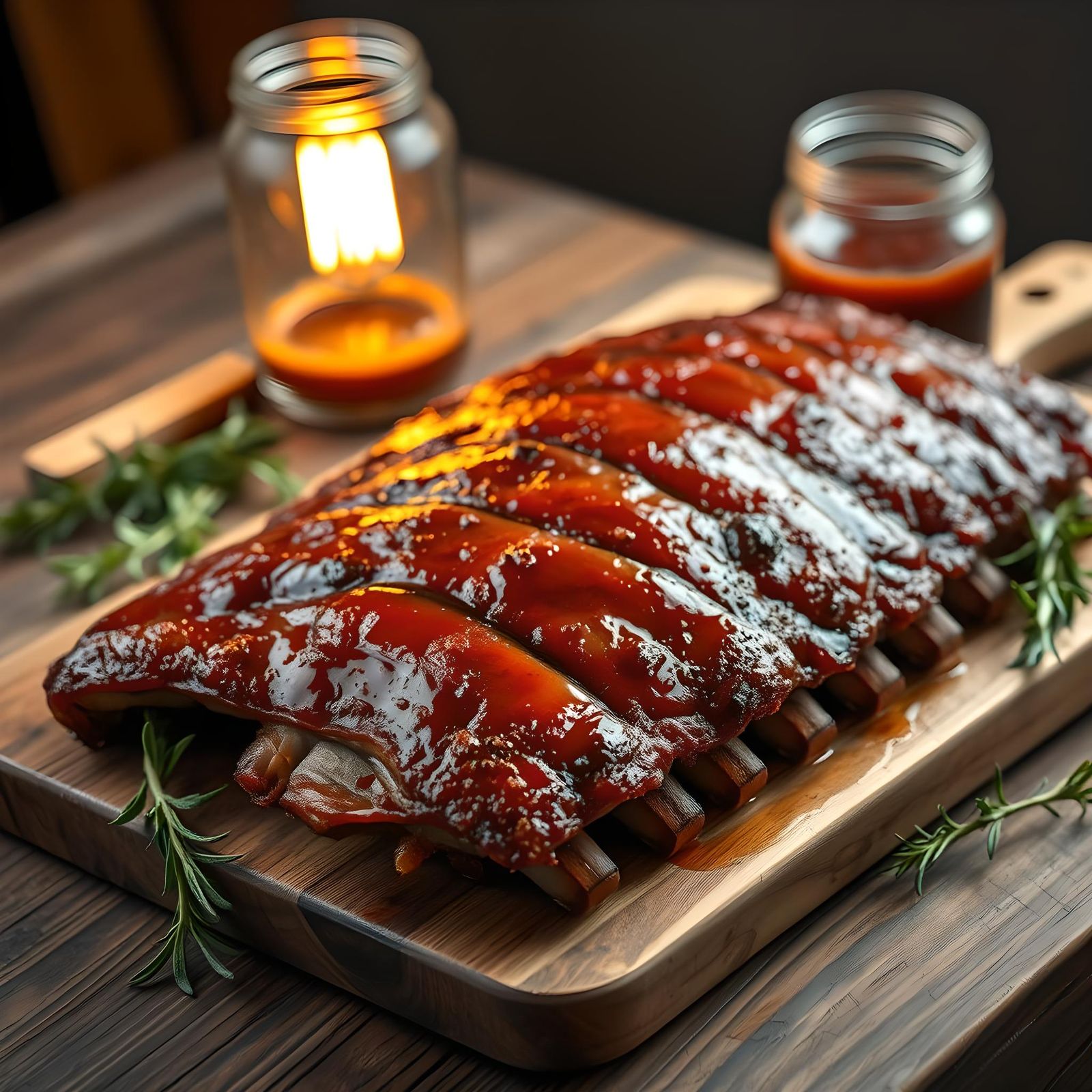 Hyperrealistic BBQ Ribs on Rustic Wooden Table