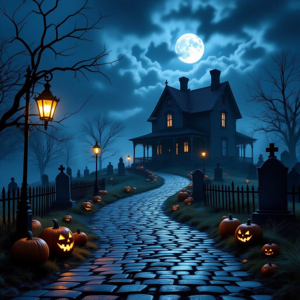 Haunted Halloween Cemetery Path with Dilapidated House