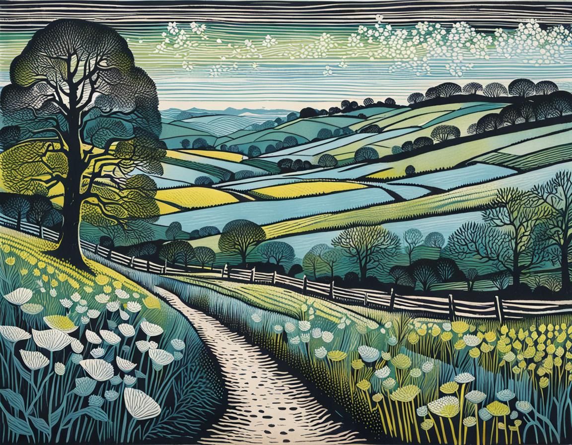 Early Spring Scene as Hand-Colored Linoprint