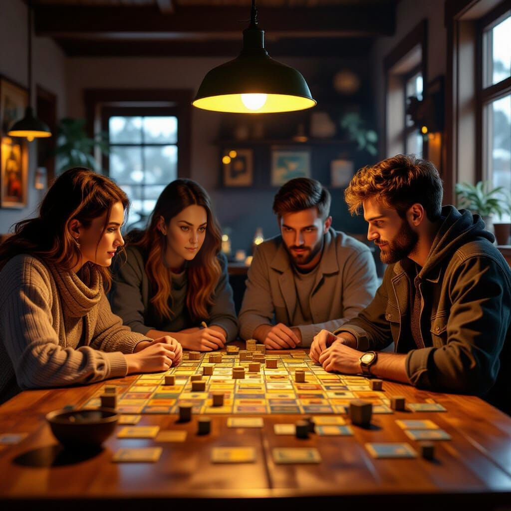 Board Gamers Playing Catan in 3D Cinematic Style