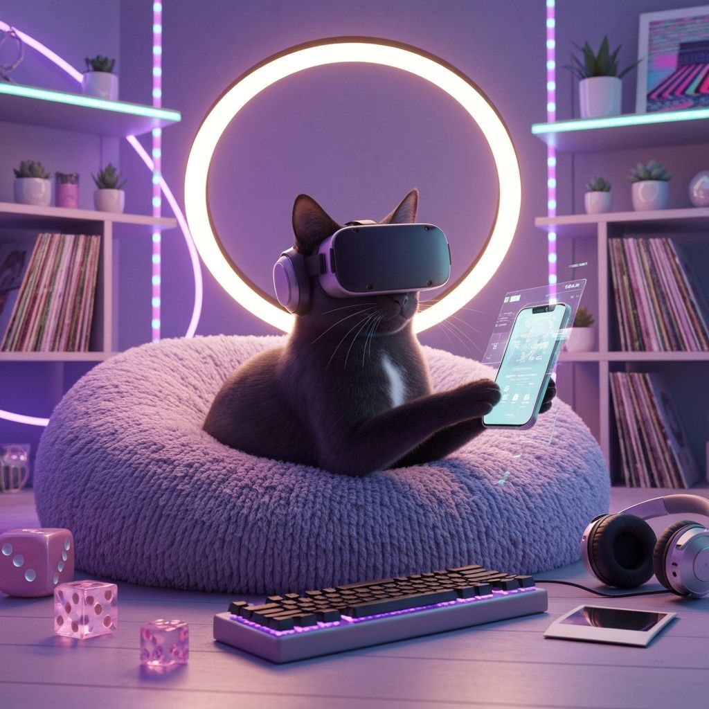 Gen Z Cat Streamer in Pastel-Neon Loft, Digital Art
