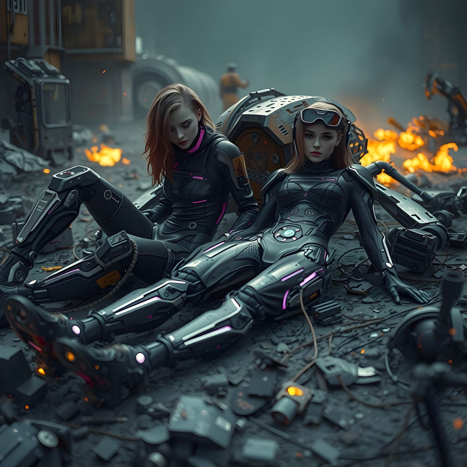 Cyberpunk Warriors in Shattered Exosuit