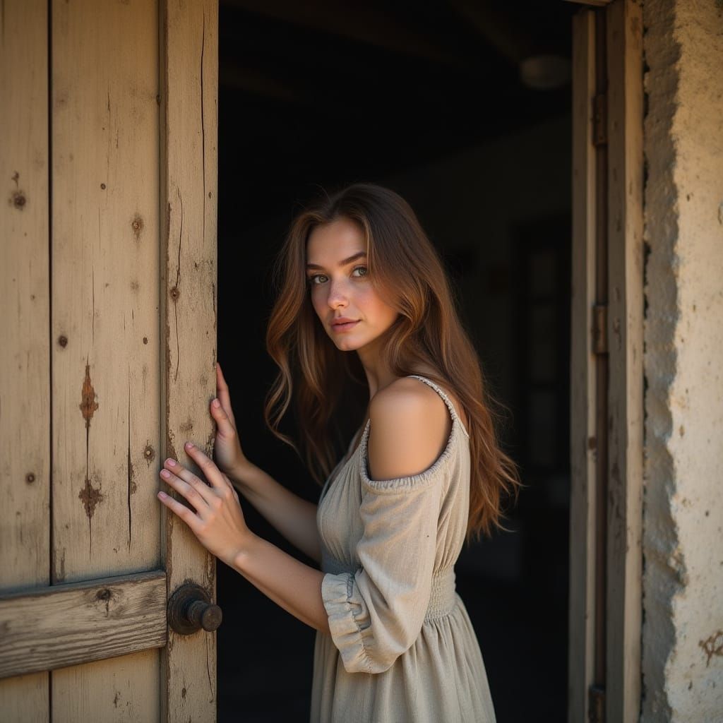 Woman Opens Rustic Door in Soft Evening Light