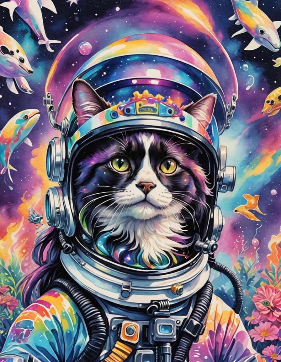 Psychedelic Underwater Scene: Whale, Cats, and Chihuahua