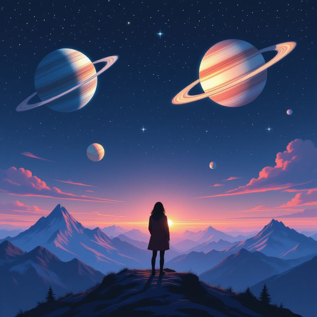 Starry Mountain Summit with Ringed Planets