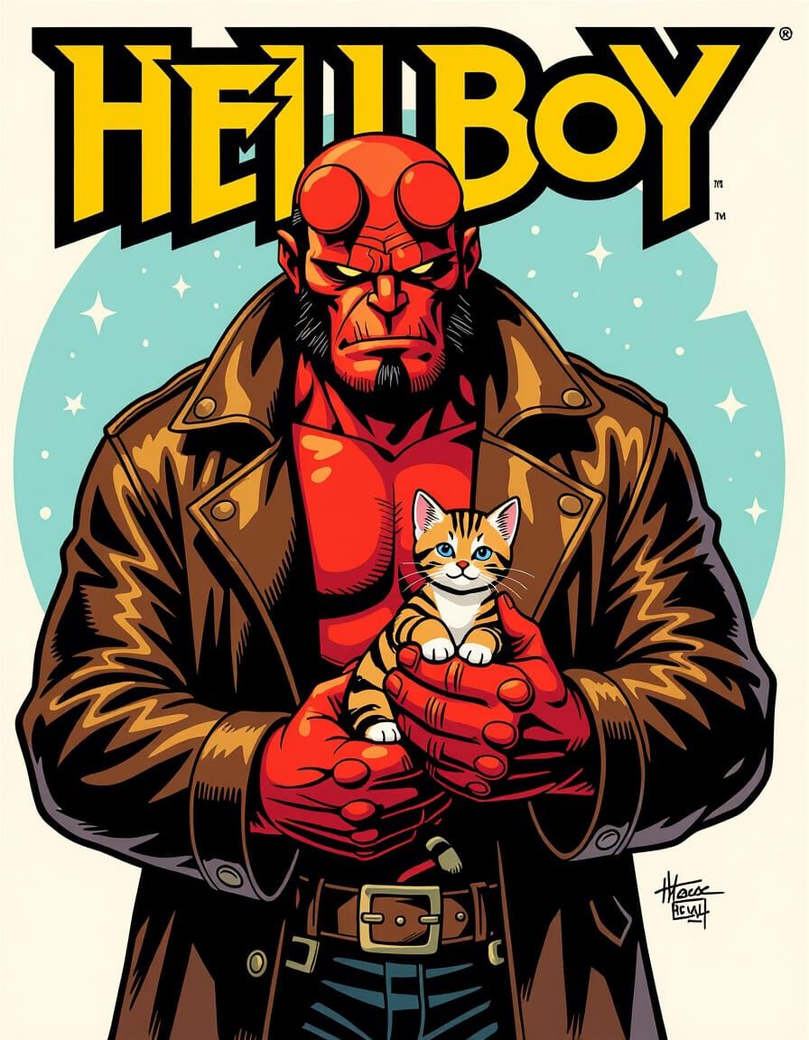 Hellboy Cradling Kitten: A Study in Contrasts