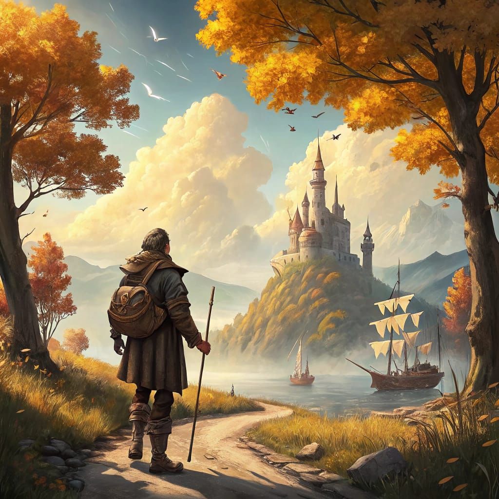 Traveler in a Surreal Autumn Landscape