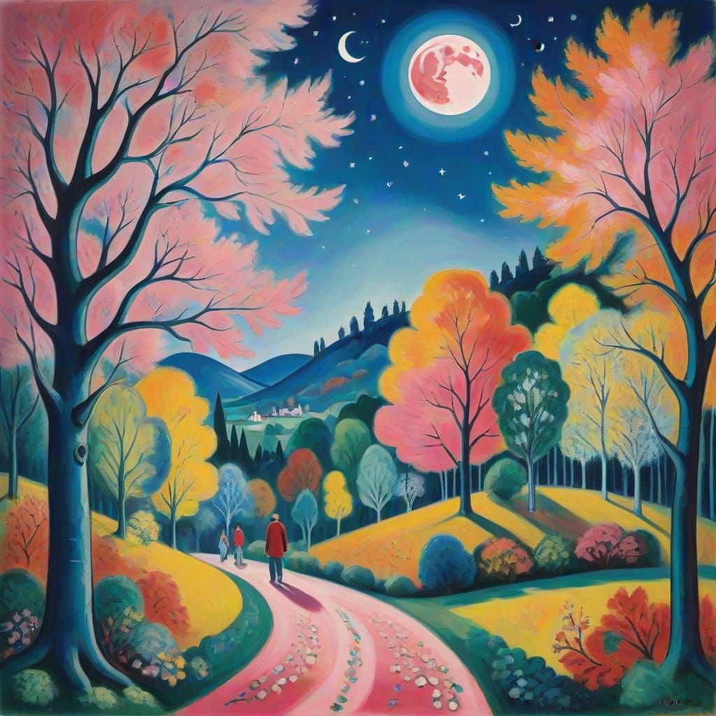 Pink Moonlit Forest: Inspired by Chagall and Kirchner