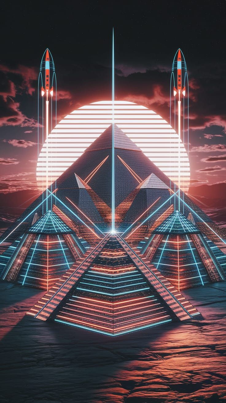 Ancient Egypt Meets Futuristic Neon Rockets in Binary Sunset