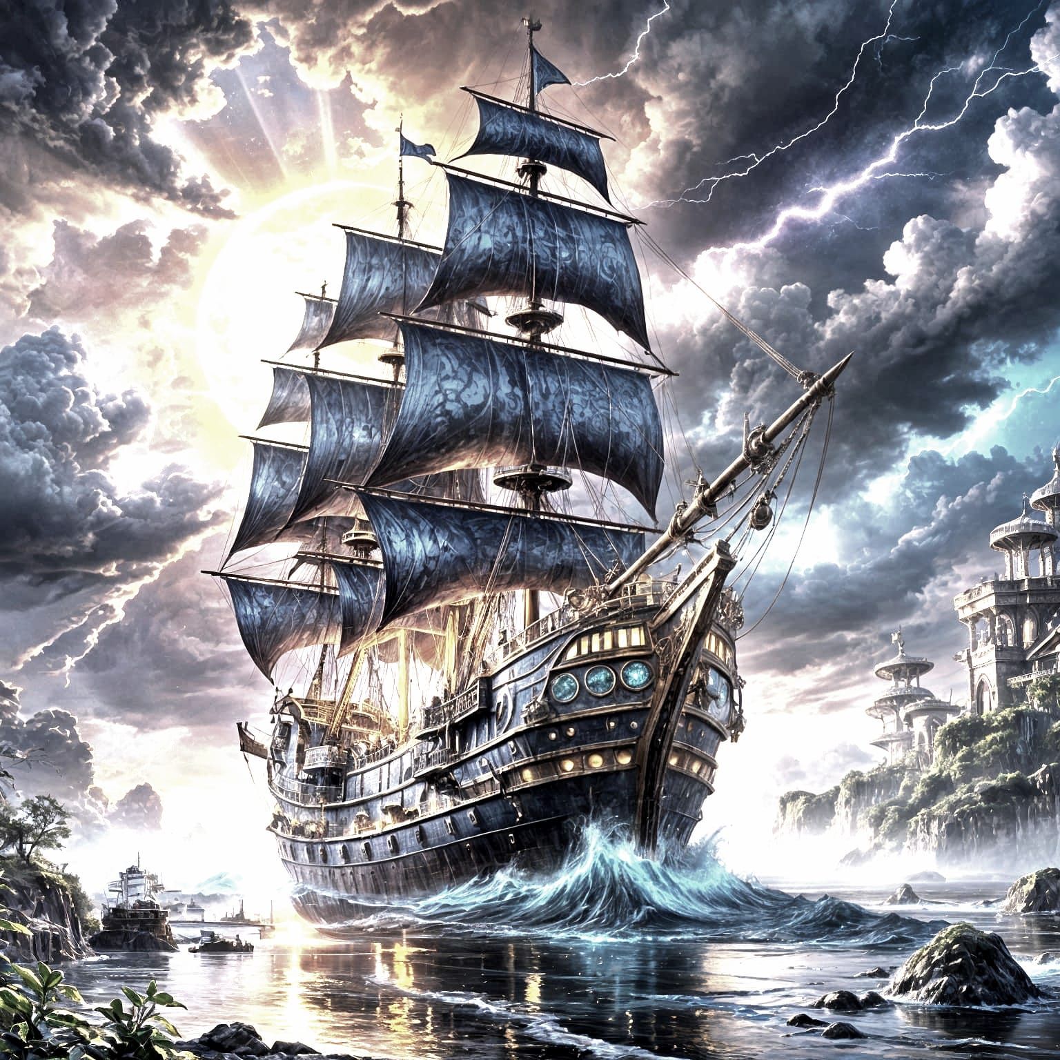 Epic Fantasy Chrome Galleon in a Vibrant Dawn Sky