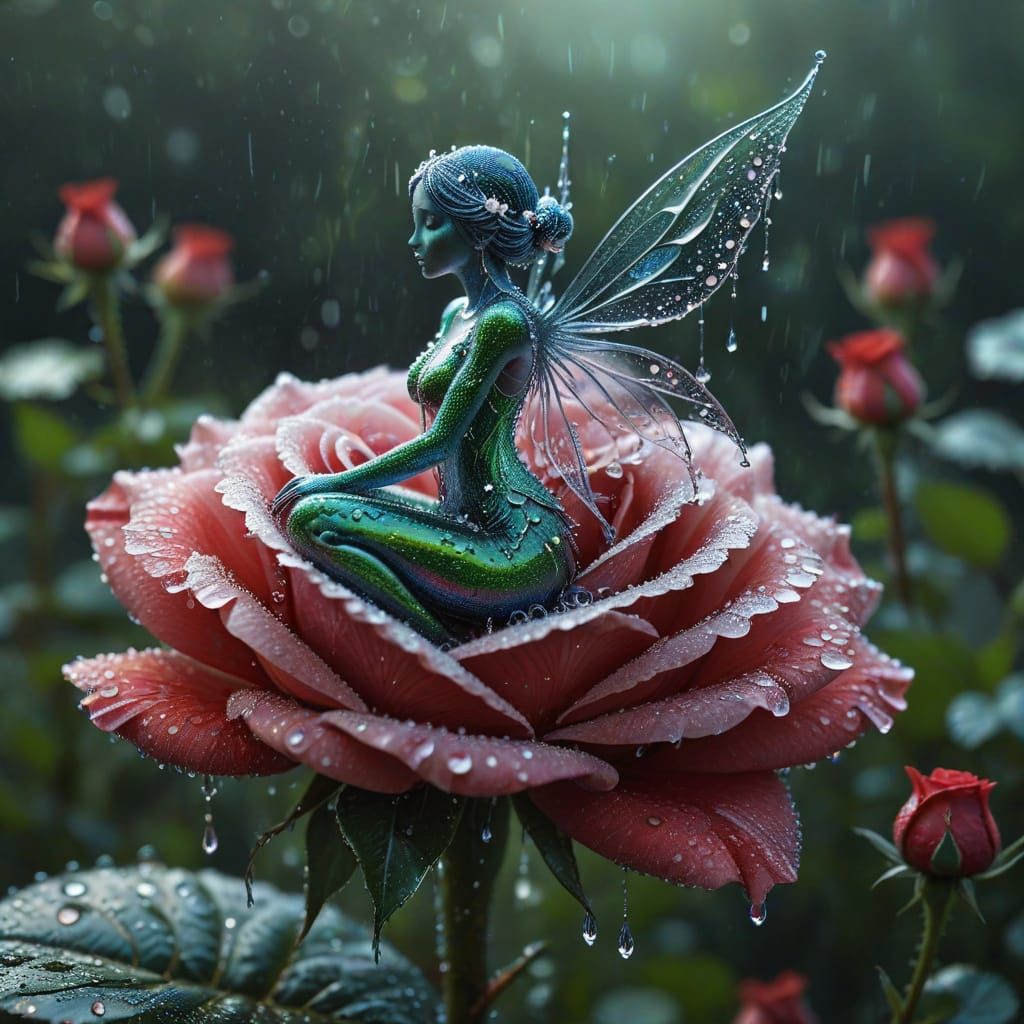 Crystal Water Fairy on Dew-Covered Rose in Fantasy Style