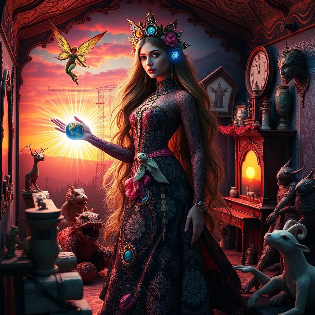 Surreal Woman in Dollhouse Setting: A Digital Bio Art