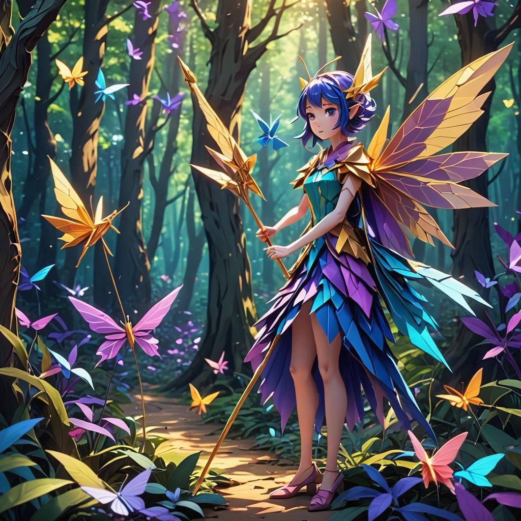 Anime Fairy with Origami Wings in Forest