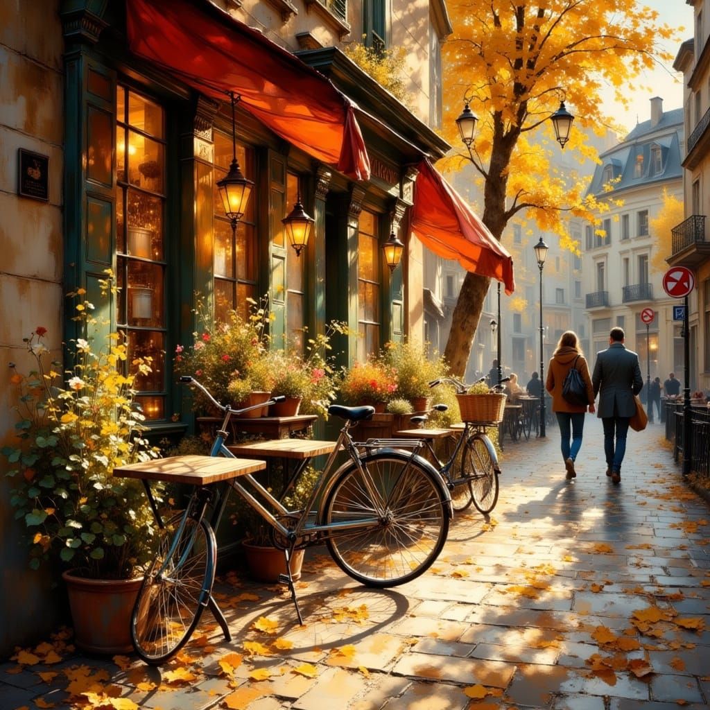 Vintage Bicycle at Cafe During Golden Hour