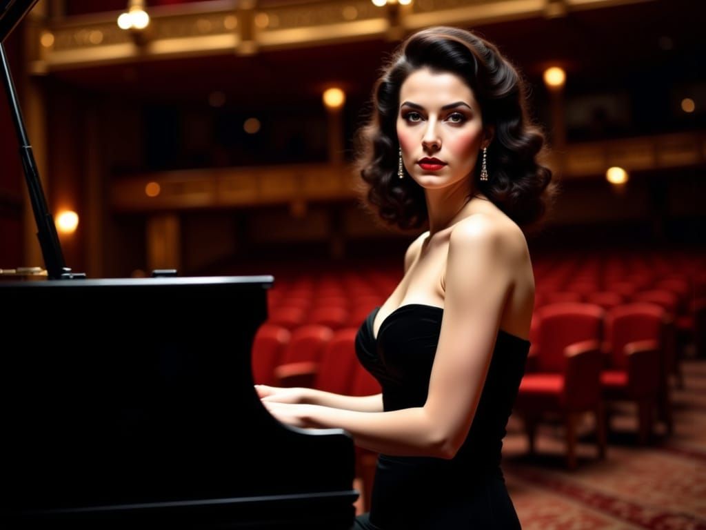Elegant Woman Plays Piano on Art Deco Stage