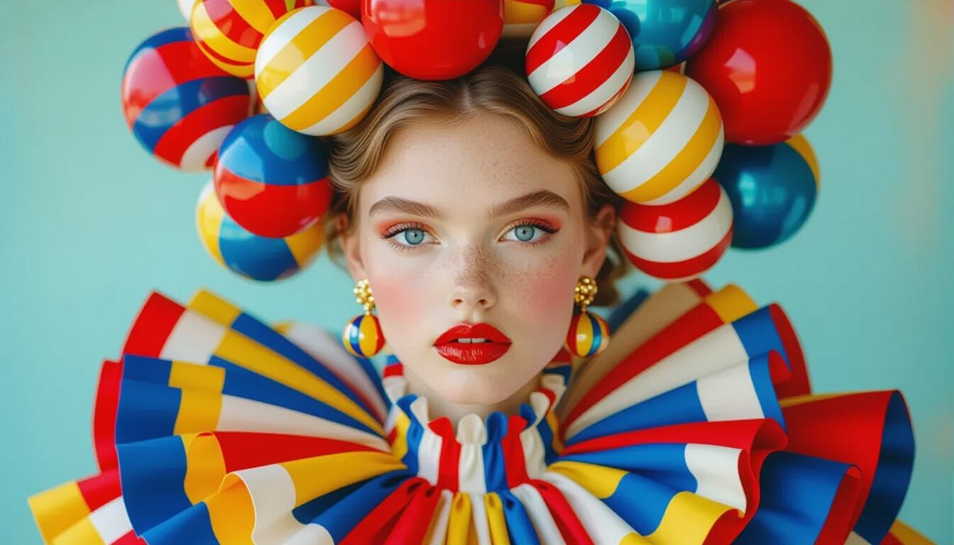 Elegant Woman with Colorful Spheres and Circus Dress