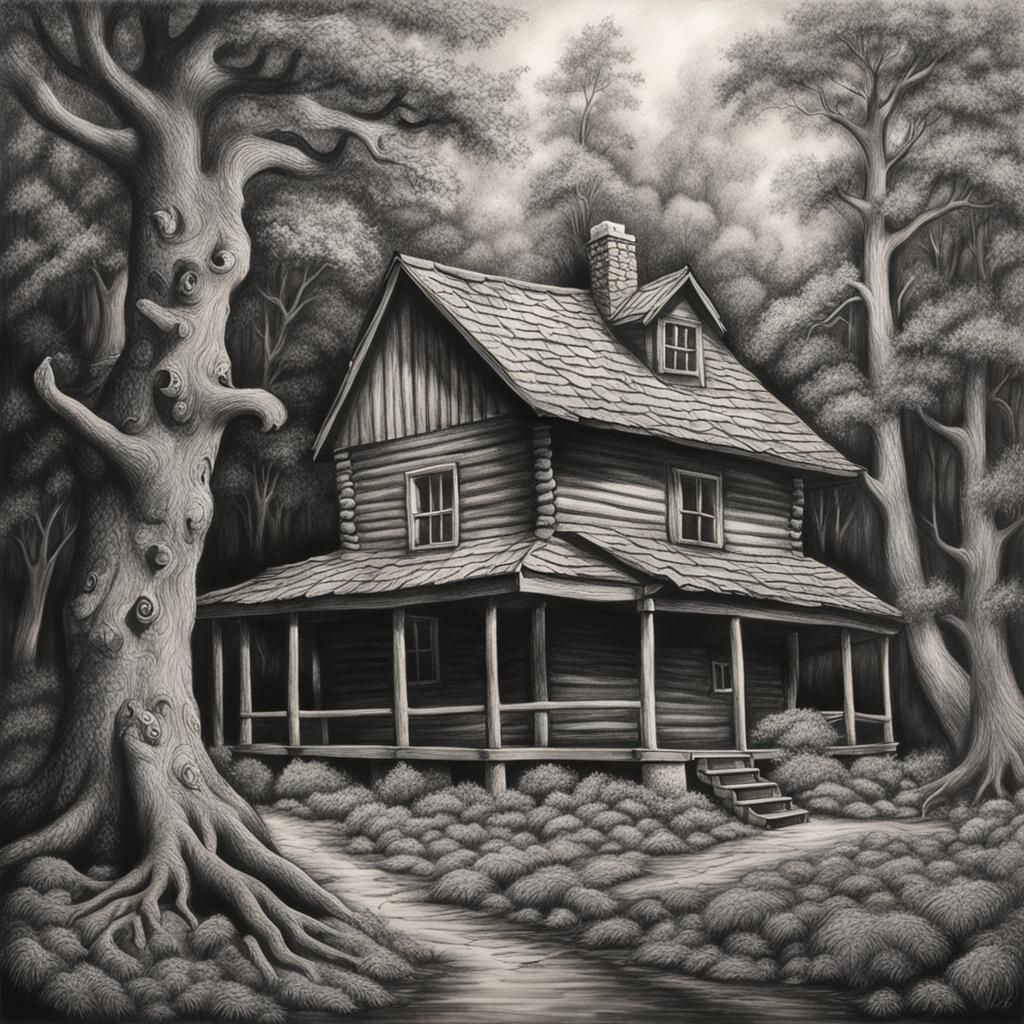 Hyperdetailed Charcoal Drawing of Oak Cabin in Forest