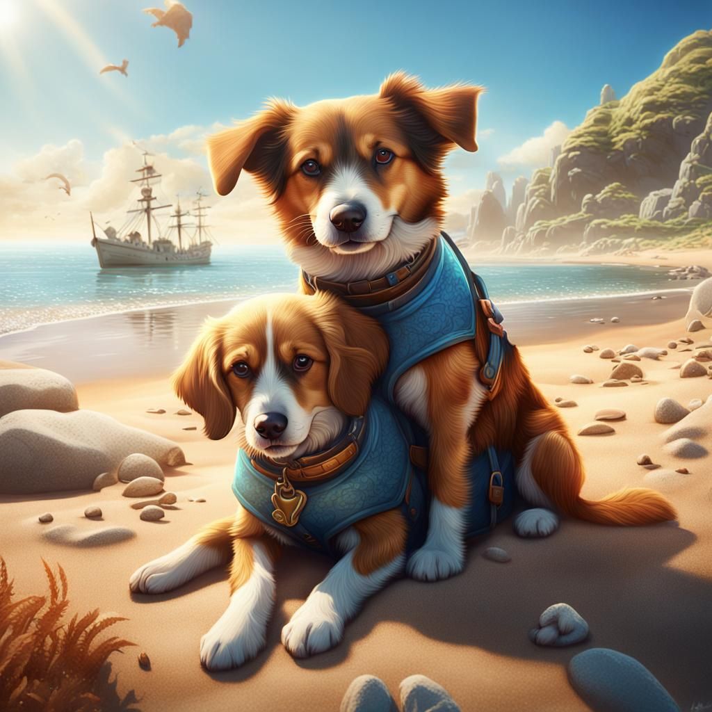 Dogs Hugging on Beach in Detailed Fantasy Art
