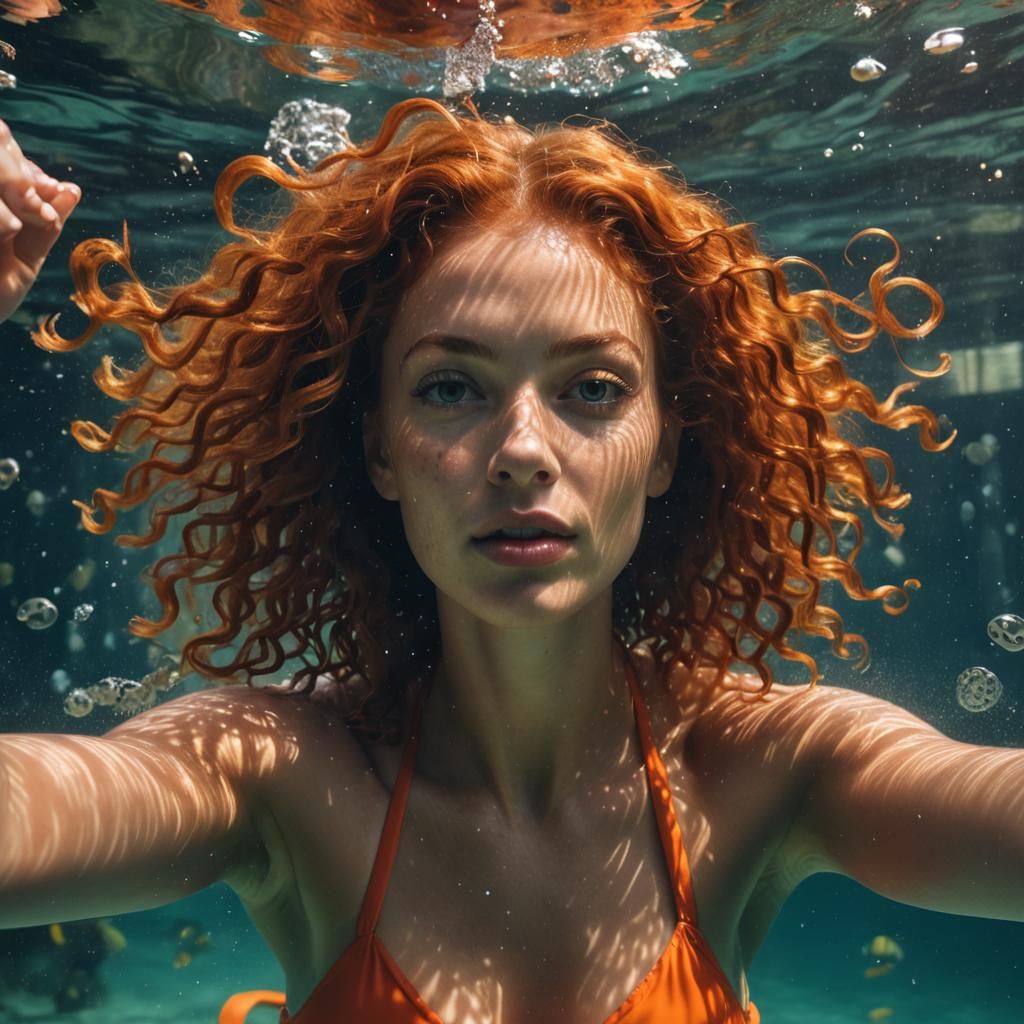 Underwater Redhead in Orange Swimsuit: Award-Winning Photo