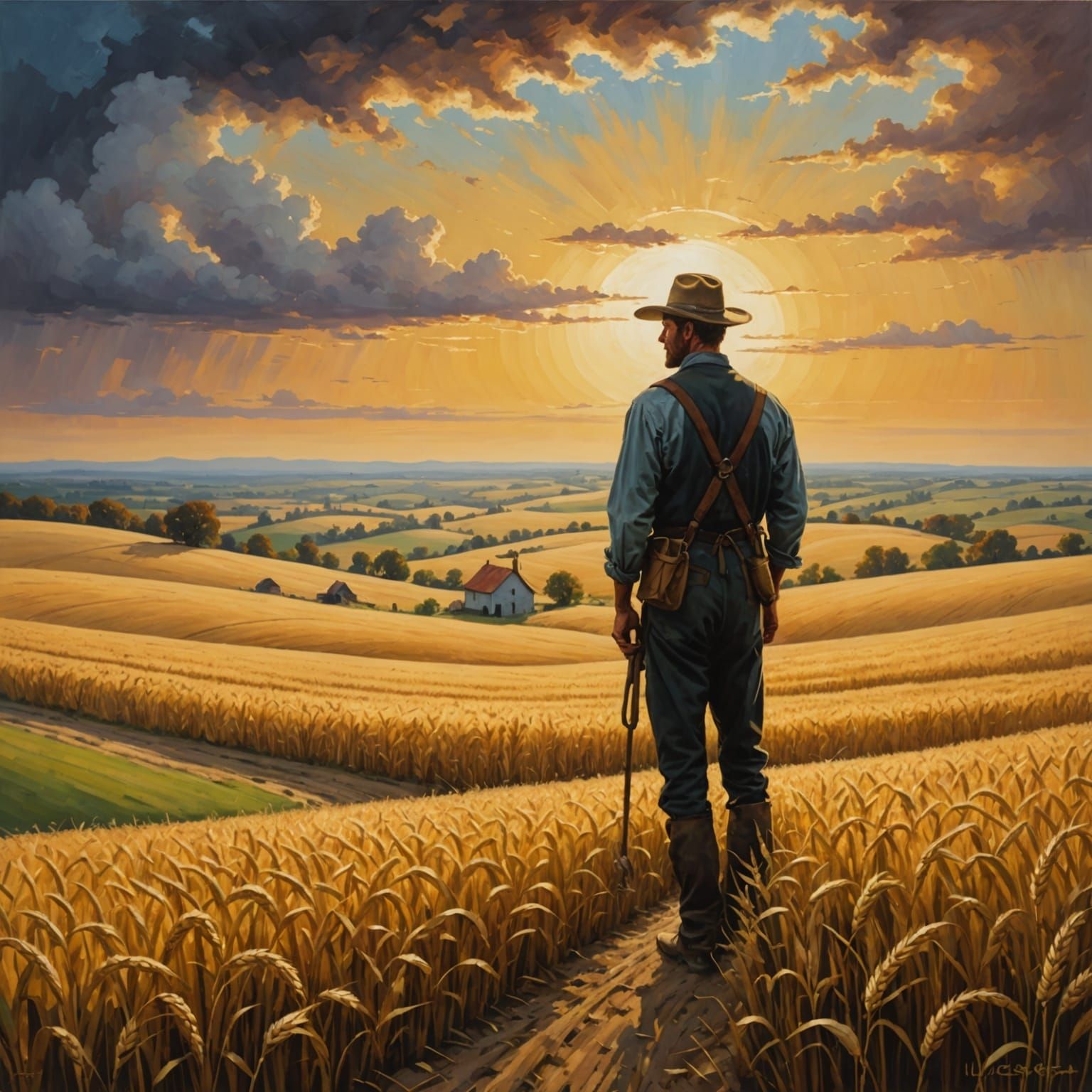 Epic Oil Painting of Farmer in Golden Wheat Fields