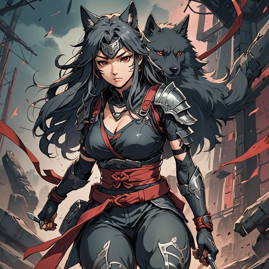 Anime Wolf Ninja Warrior in Cel-Shaded Style