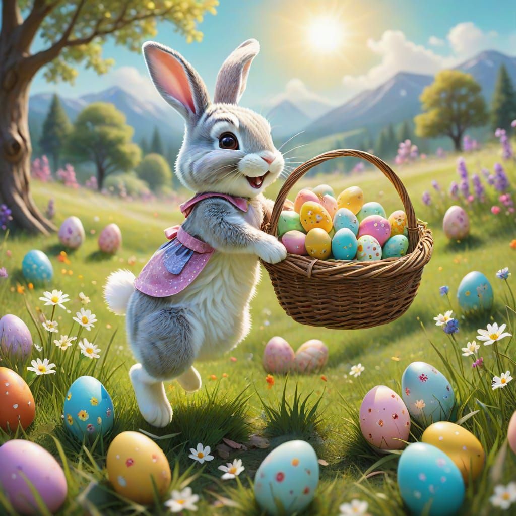 „Ein fröhlicher Osterhase sammelt bunte Eier in einem sonnig...