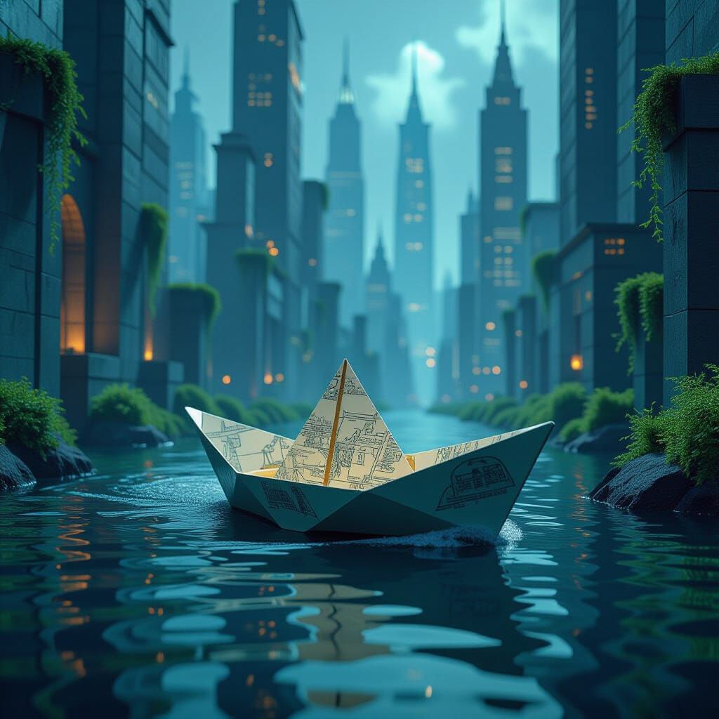 Antique Paper Boat Navigates Futuristic Cityscape