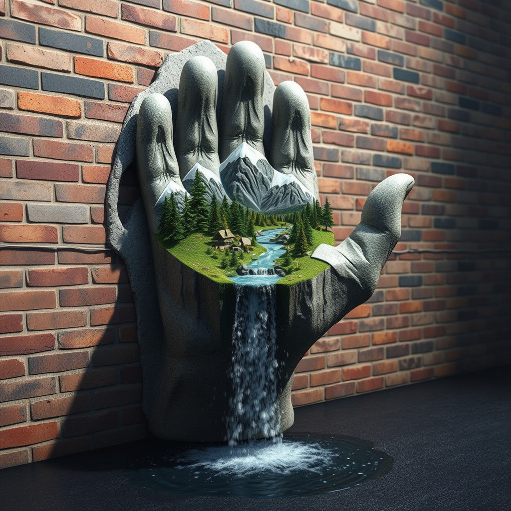 Stone Hand Landscape Waterfall in Hyperrealism