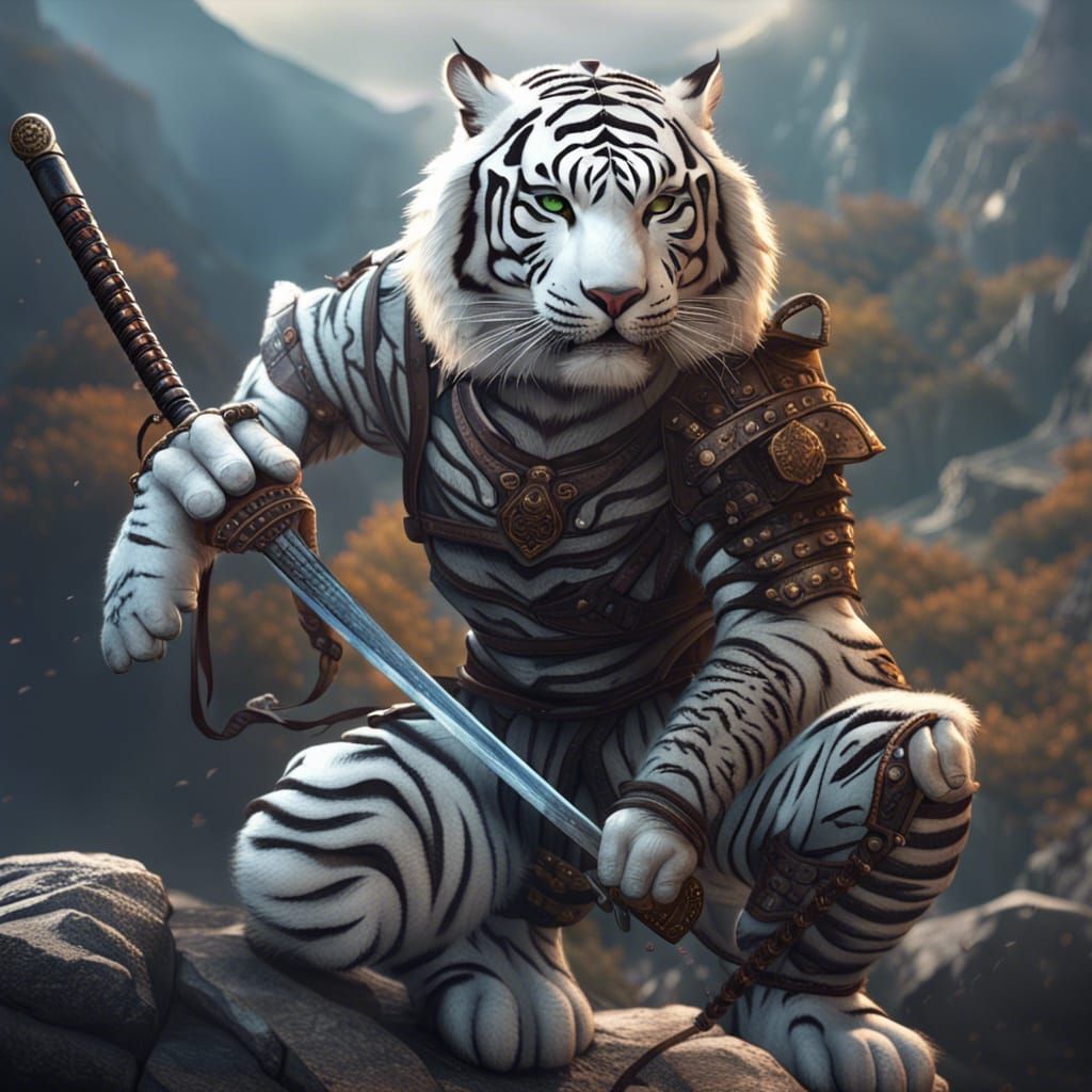 Bipedal White Tiger with Katana: Fantasy Concept Art