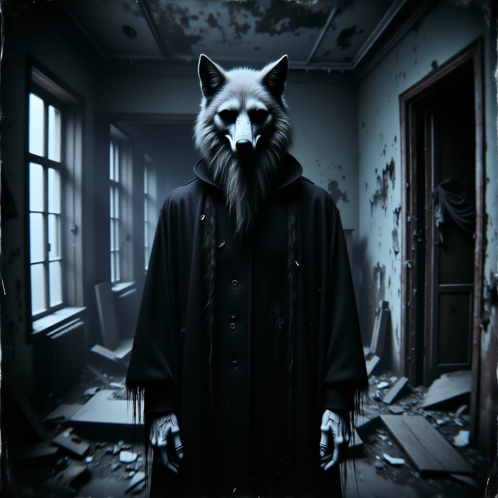 Wolf-Masked Man in Abandoned House: Gothic Cyberpunk Horror
