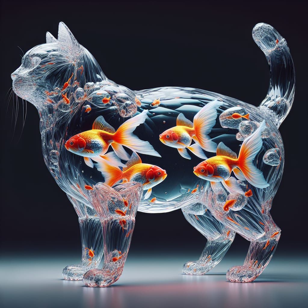 Glass Cat Aquarium: 3D Rendered Goldfish Fantasy