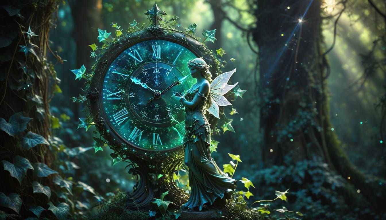 Ancient Statue Shrouded in Ethereal Ivy and Iridescent Light