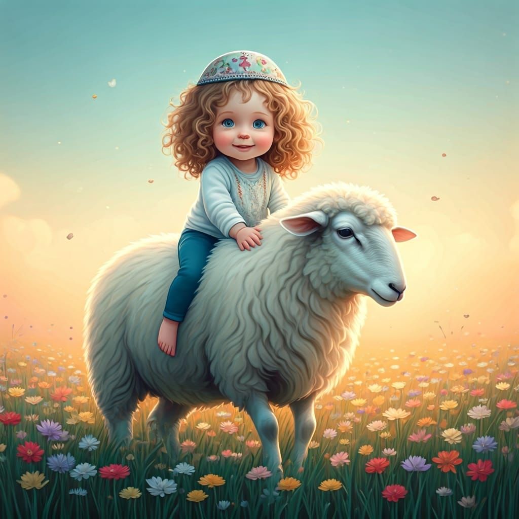 A whimsical scene of a cheerful toddler with long curly blonde hair, wearing an intricately embroidered kippah, sitting ...