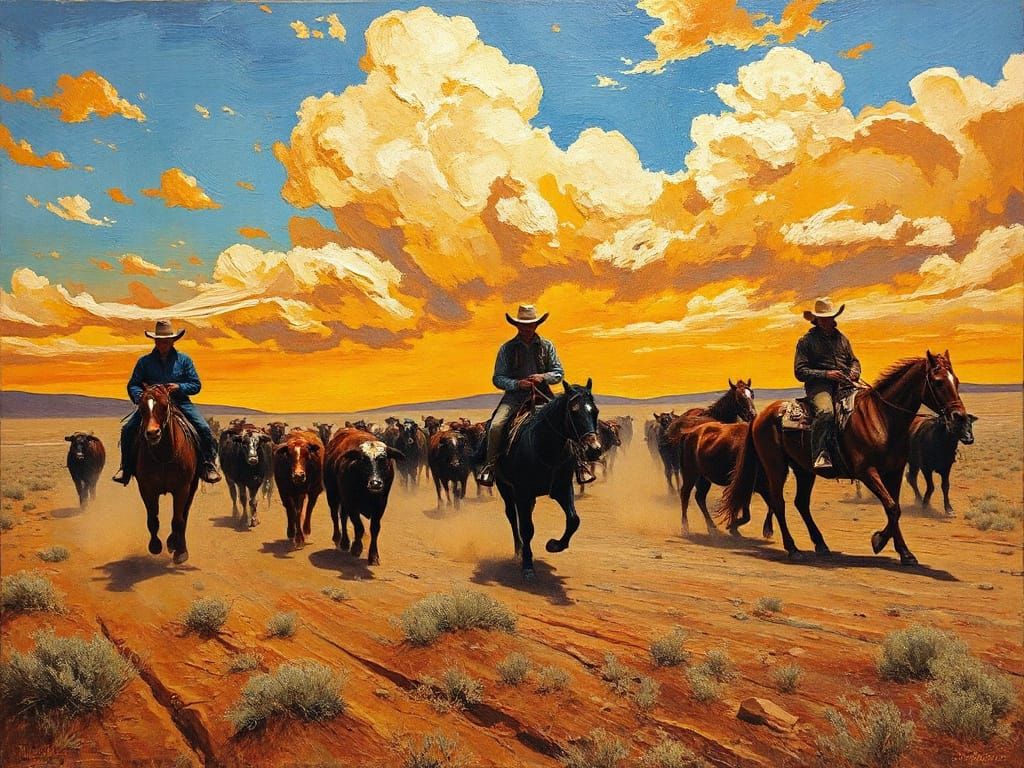 Cowboys Herding Cattle in Textured Gouache Impasto Style