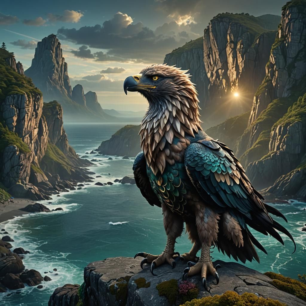 Wolf-Eagle-Octopus Hybrid Creature Overlooking Ocean