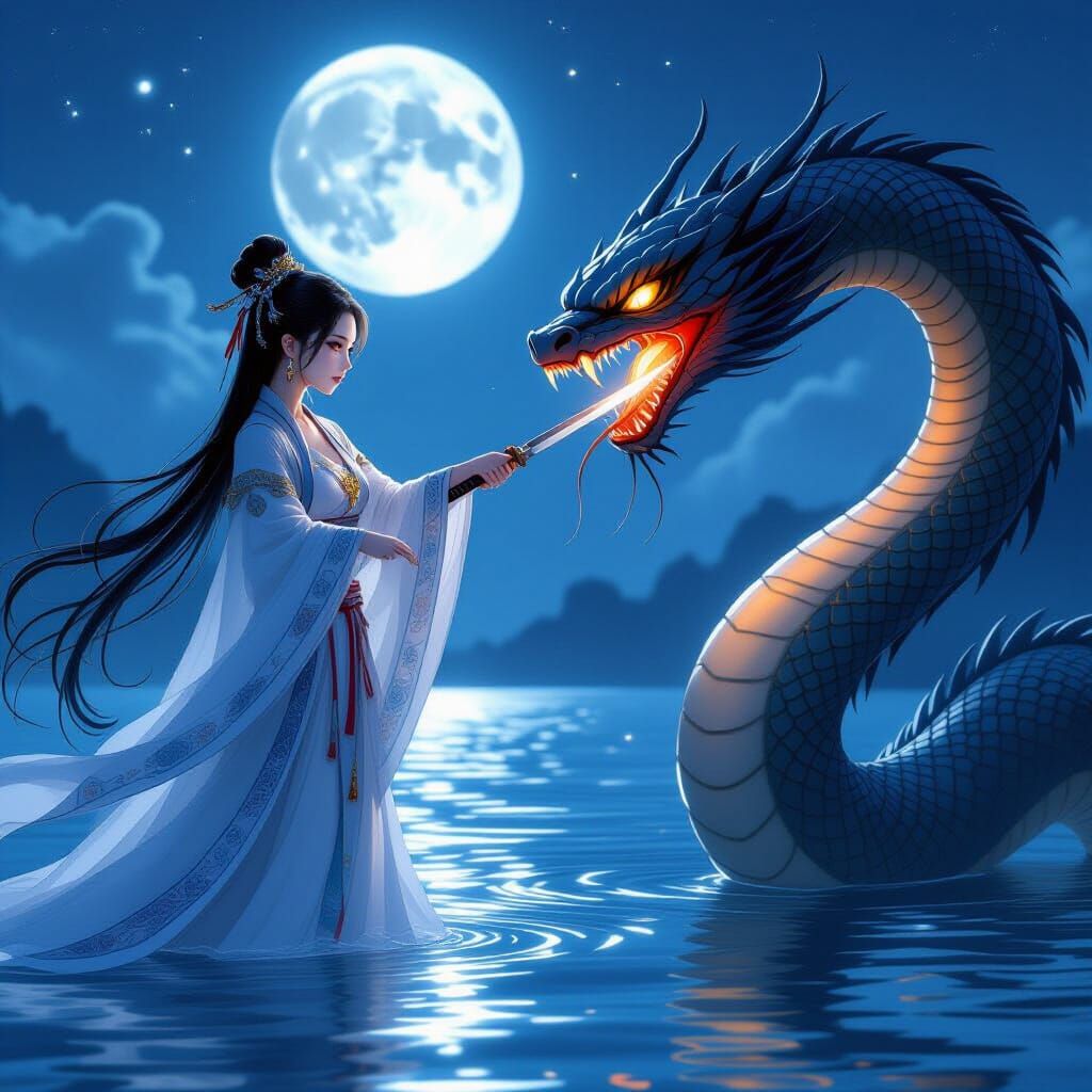 Girl Slaying Snake Demon in Moonlight