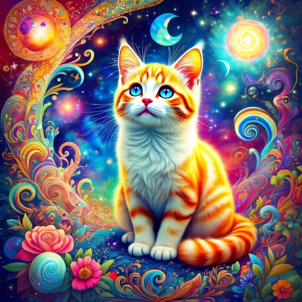 Cute Cat in Cosmic Dreamscape, Visionary Art Style