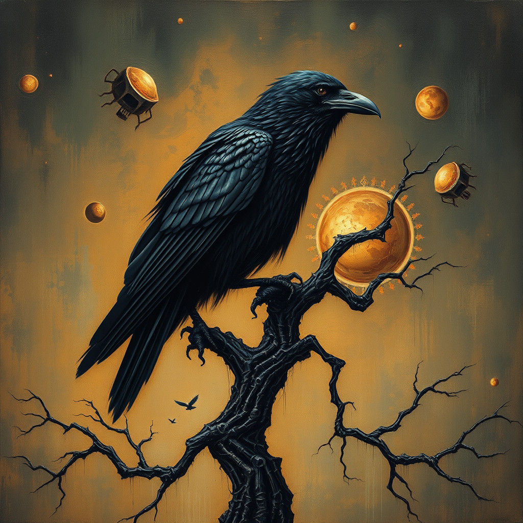 Eerie Raven Perched in a Gothic Horror Dreamscape