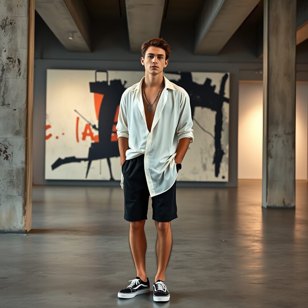 Confident Man in Art Gallery, Abstract Painting Backdrop