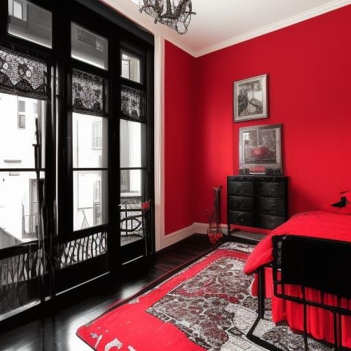 Apartment number zero, gothic apartment with Red walls& gothic Black lace accents& Red &black gothic sofa, gothic Window...