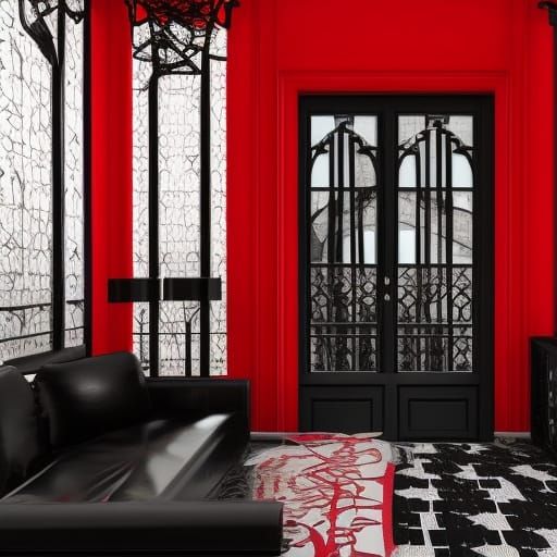 Apartment number zero, gothic apartment with Red walls& gothic Black lace accents& Red &black gothic sofa, gothic Window...