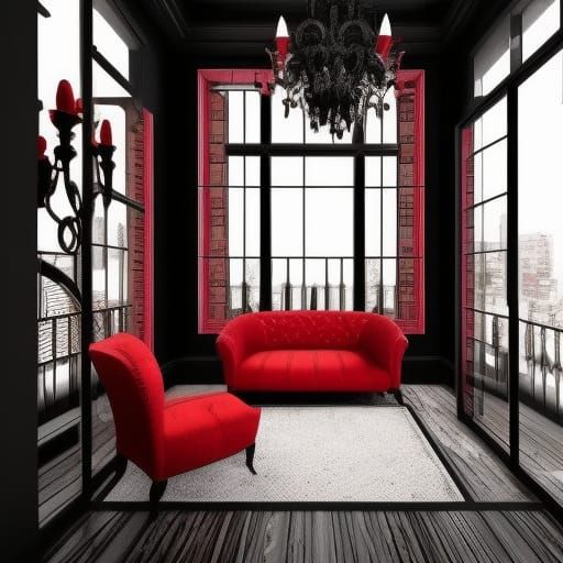 Apartment number zero, gothic apartment with Red walls& gothic Black lace accents& Red &black gothic sofa, gothic Window...