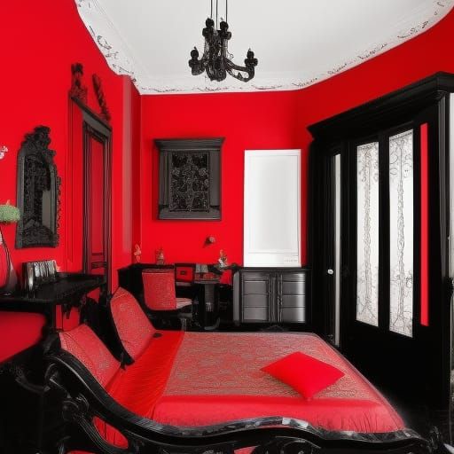 Apartment number zero, gothic apartment with Red walls& gothic Black lace accents& Red &black gothic sofa, gothic Window...