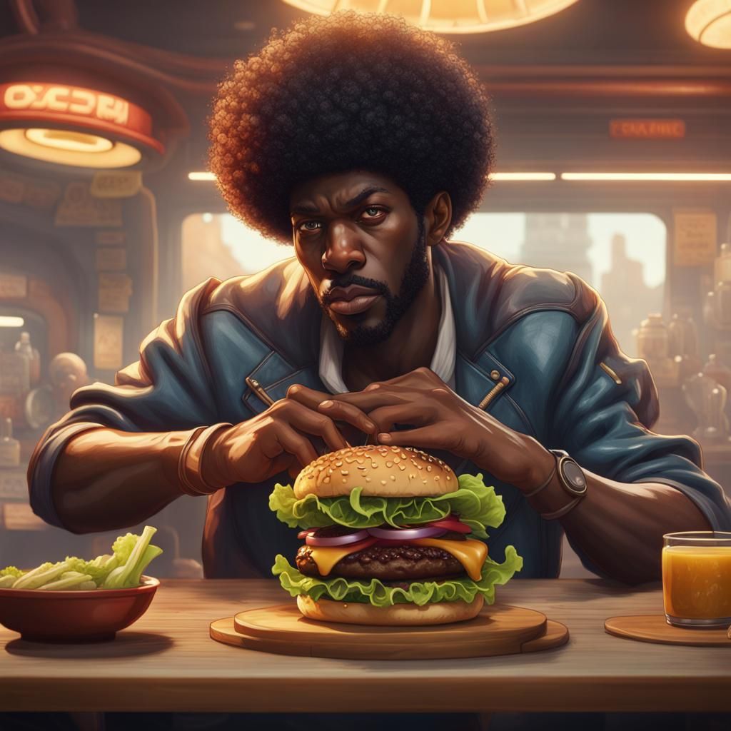 Hyperrealistic Burger Close-Up with Afro Hand