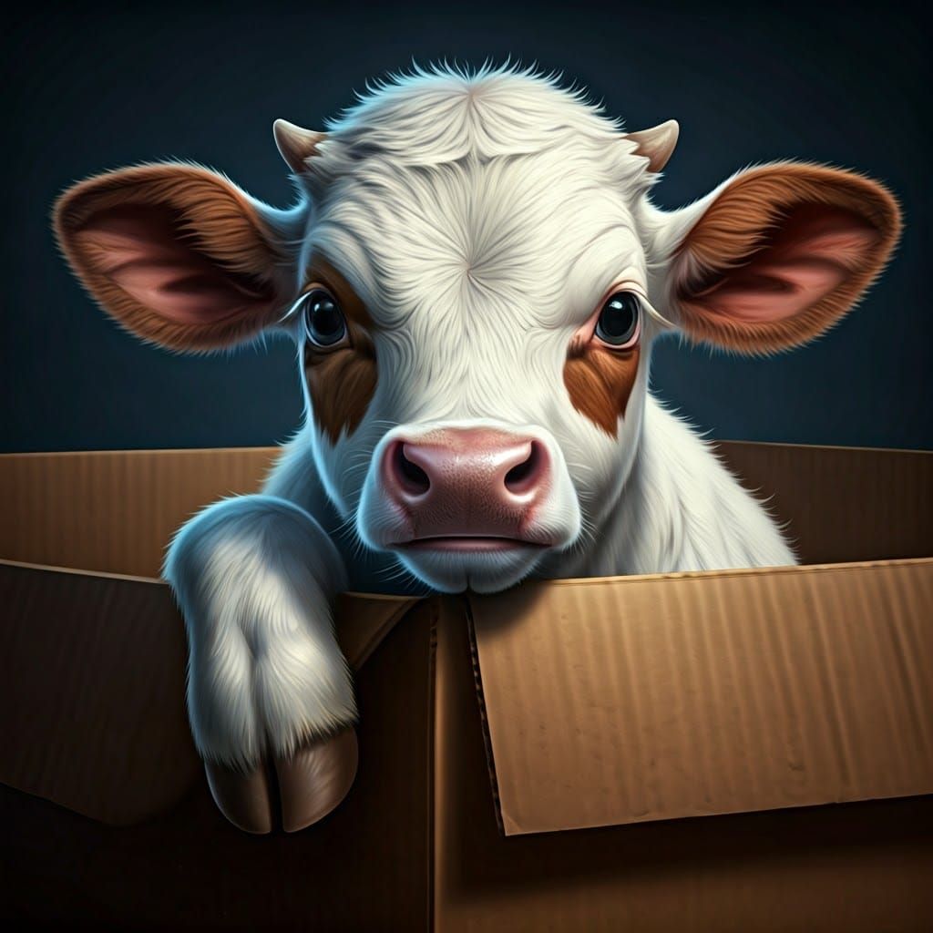 Adorable Baby Cow Portrait in Cardboard Box