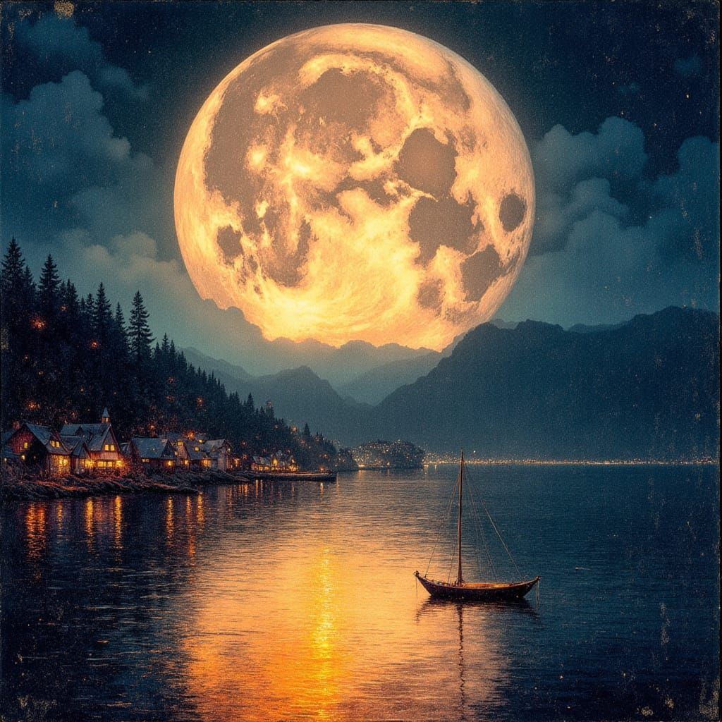 Silver Moon Vaporwave Double Exposure Over Lakeside Village